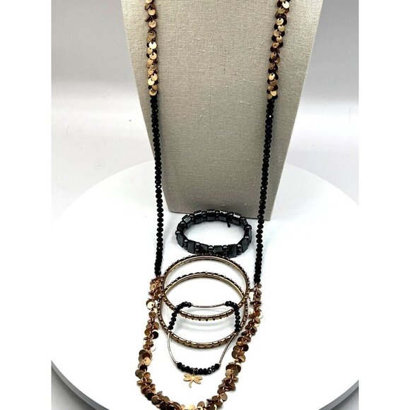 Gold & Black Beaded Jewelry Set: Layered Necklace 2  Bangles & 2 Bracelets. - Picture 1 of 10